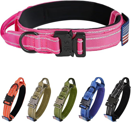 KCUCOP Tactical Dog Collar, Heavy Duty Dog Collar with Handle and Metal Buckle, Military Thick Dog Collars for Medium and Large Dogs(Pink-L-Reflective, 1 Patch)