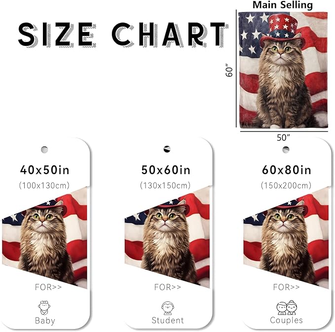 Patriotic Cat Blanket, Cozy Flannel Tabby Kitten & American Flag Throw Blanket for Couch Outdoor, Plush Soft Lightweight Travel Blankets for Bed Decor and Gifts, for Women Kids Adults 60"x80"