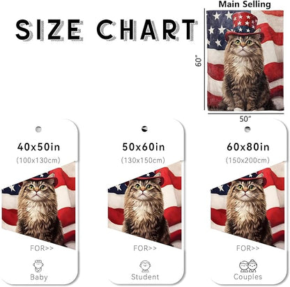 Patriotic Cat Blanket, Cozy Flannel Tabby Kitten & American Flag Throw Blanket for Couch Outdoor, Plush Soft Lightweight Travel Blankets for Bed Decor and Gifts, for Women Kids Adults 60"x80"