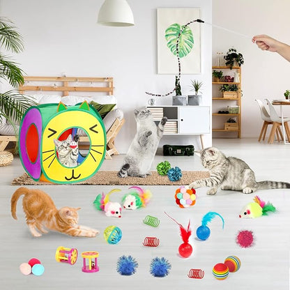 37 PCS Interactive Kitten Toys for Indoor Cats - Variety Set With Collapsible Tunnel Tube Tent, Feather Teaser Wand, Bell, Fuzzy Ball, Spring, Mouse, and Catnip