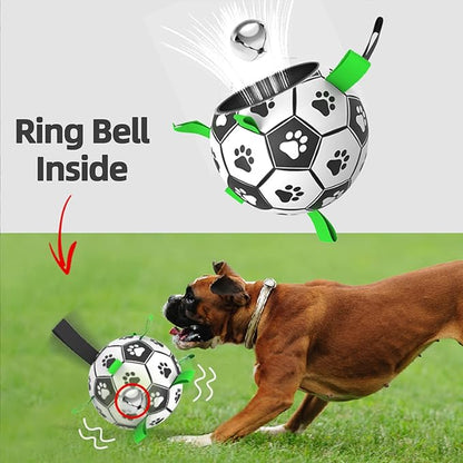 QDAN Dog Soccer Balls Toy with Bell Inside, Outdoor Interactive Dog Toys for Tug of War, Puppy Birthday Gifts, Dog Water Toy, Durable Ropes Squeaky Soccer Dog Ball for Medium and Large Dogs （8 INCH）