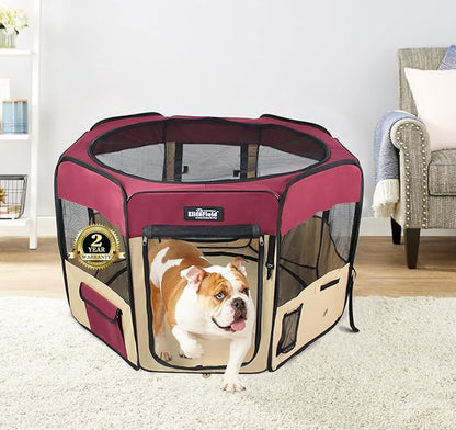 EliteField 2-Door Soft Pet Playpen (2 Year Warranty), Exercise Pen, Multiple Sizes and Colors Available for Dogs, Cats and Other Pets (42" x 42" x 24"H, Maroon+Beige)