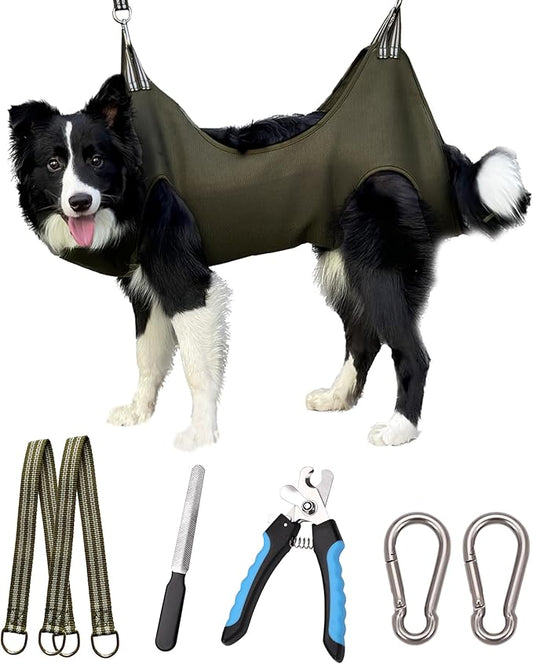 10 in 1 Pet Grooming Hammock Harness with Nail Clippers/Trimmer, Nail File, Comb,Dog Nail Hammock, Dog Grooming Sling for Nail Trimming/Clipping (XL/Under 80lb, Khaki Green)