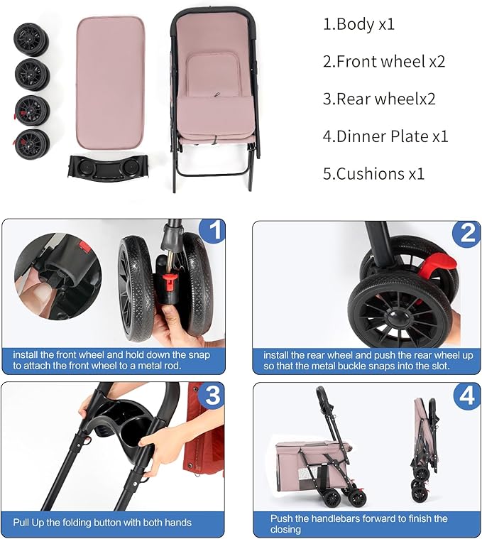 Pet Stroller Cat Dog Stroller Travel Folding Pet Carriers（Pink）