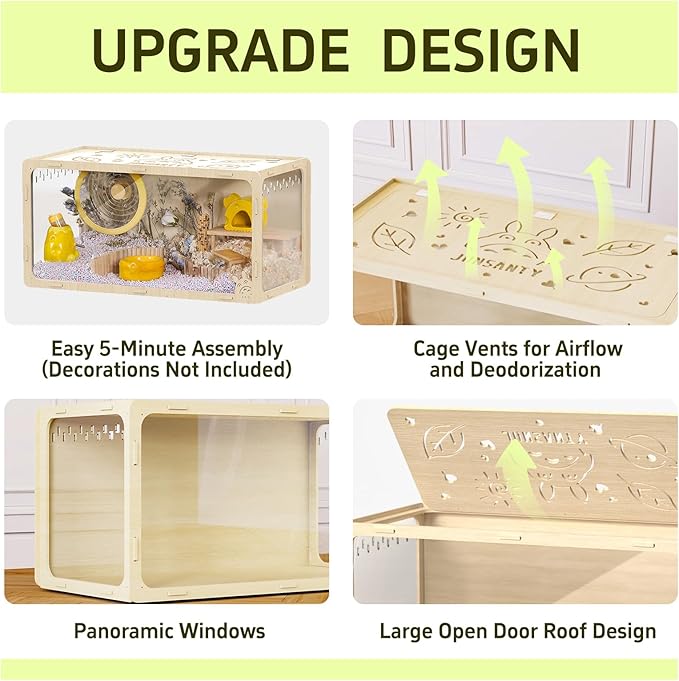 31.5 inch Wooden Hamster Cage, Large Habitat, Openable Top, Transparent Acrylic for Interior View, Ventilated, Easy to Clean, for Syrian Hamster, Dwarf Hamster, Gerbil, Other Small Pet Animals