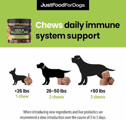 JustFoodForDogs Skin & Allergy Care Soft Chews Supplement for Dogs, Seasonal Allergies, Itchy Skin, Inflammation, Immune Support - 45 Count