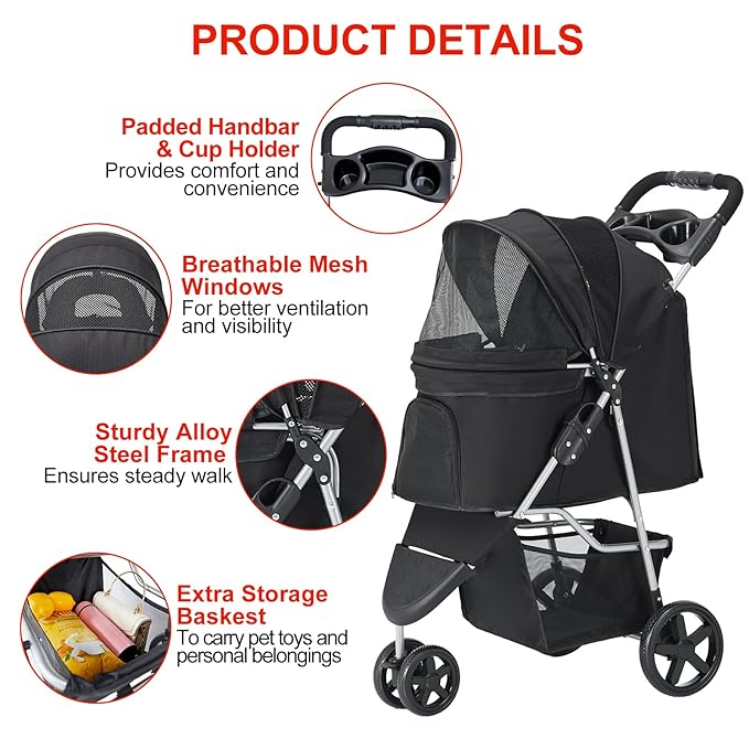 Pet Stroller, Cat Dog Stroller with Storage Basket Foldable Lightweight Dog Carrier Trolley Jogging Stroller, 3 Wheel, Balck