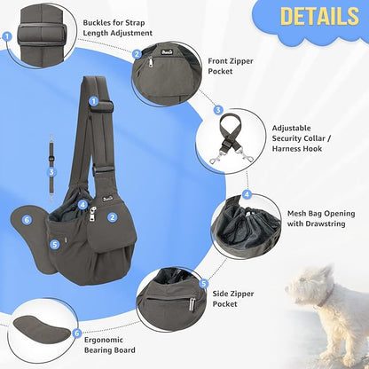 SlowTon Dog Carrier Sling - Hard Bottom Support Dog Carriers for Small Dogs with Adjustable Padded Shoudler Strap, Dog Purse for Puppy Cat Pet with Drawstring Opening Storage Zipper Pockets (Grey)