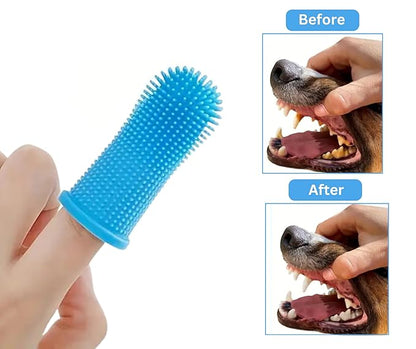 3-in-1 Pet Grooming Set - Self-Cleaning Slicker Brush, Deshedding Rake Comb, and Finger Toothbrush for Dogs & Cats | Perfect for Grooming, Dematting, and Dental Care (blue)