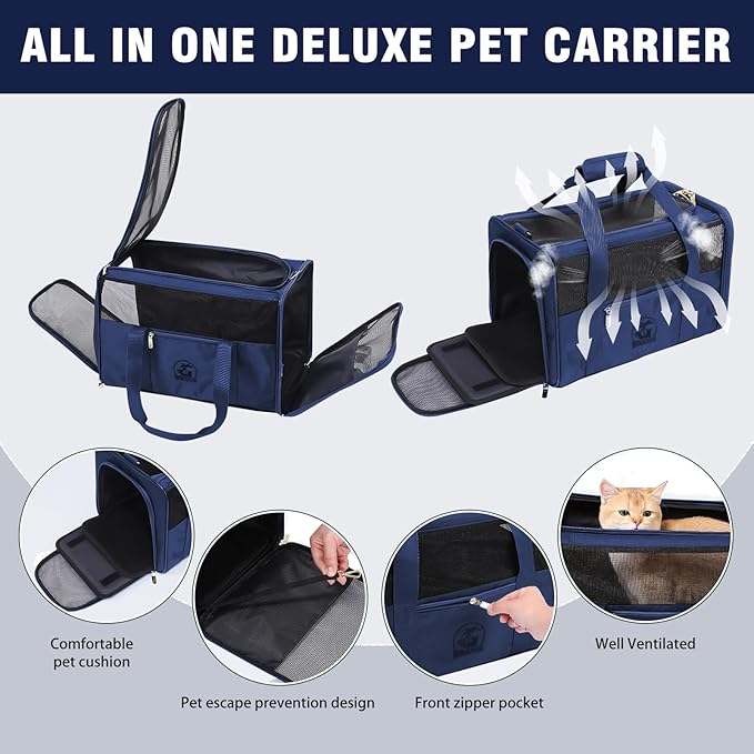 Luxury Pet Carrier for Dogs, Cats, Puppies - Airline TSA Approved, Durable Anti-Scratch Fabric, Soft-Sided, Consistent Airflow, Foldable Design, Cushion Pad, Travel (Navy Blue, Medium)