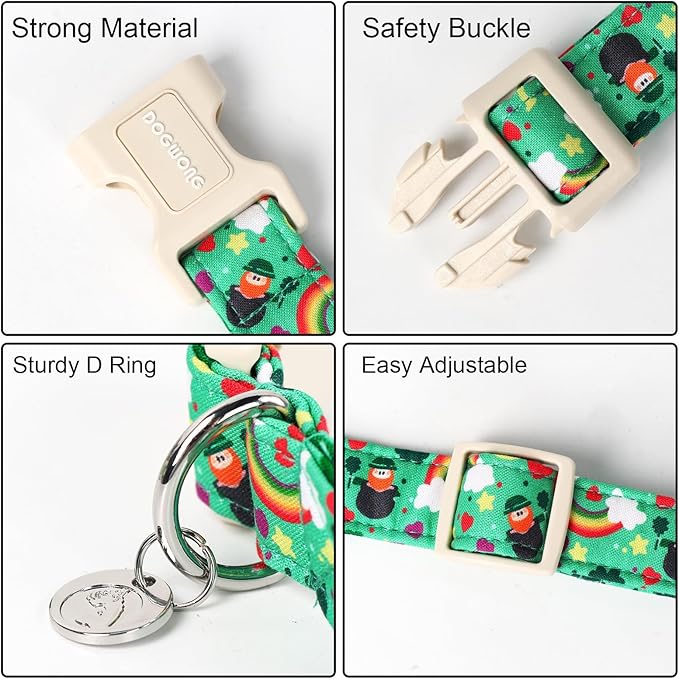 DOGWONG St. Patrick's Day Dog Collar, Lucky Clover Shamrock Green, Small, Soft Durable Adjustable Costume, Breakaway Closure