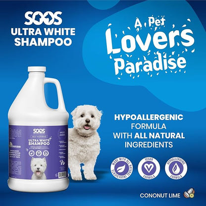 Soos Ultra White Hypoallergenic Shampoo for Dogs & Cats - Natural White Brightening Formula, Gentle & Moisturizing Pet Wash for Sensitive Skin - 4L