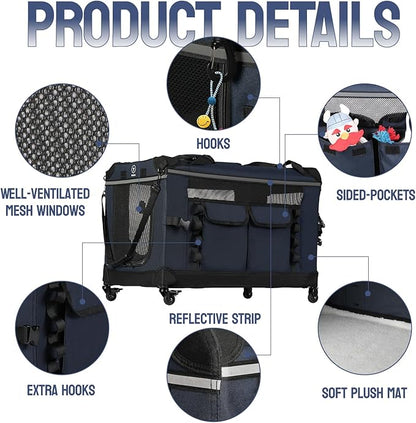 24IN Soft Collapsible Dog Crate w Detachable Wheels, Rolling Travel Dog Crate for Small Breed Dogs, Portable Dog Kennel with Mesh Windows, Indoor & Outdoor Uses