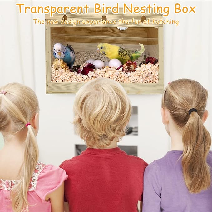 PINVNBY Natural Wood Parakeet Nesting Box Budgie Breeding Box Acrylic Bird Nest for Cage Transparent Panoramic for Parrots, Cockatiels, Lovebirds, Canaries, and Small Birds (M: 9.8 x 5.3 x 5.3 inch)