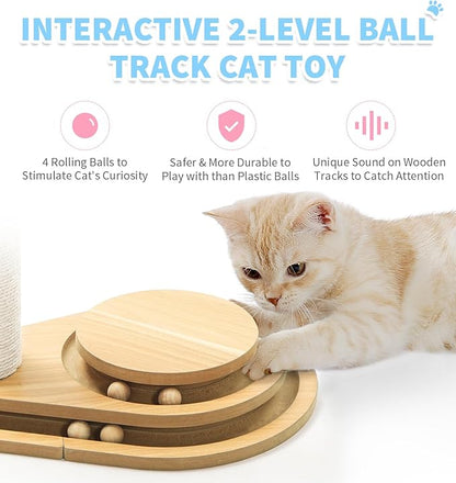Made4Pets Cat Scratching Post Cat Scratcher Kitten Toys for Indoor Cats Wooden Ball Track Two-Layer Modern Sisal 23.4" Tall Scratch Post Interactive Toy with Dangling Ball Middle Size