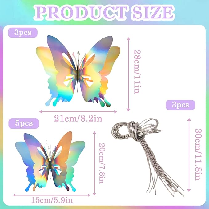 8 Pcs Iridescent Hanging Butterfly Decorations, Butterfly Birthday Decorations, Shiny Foil Look Thick 3D Paper Butterflies for Birthday, Baby Shower, Wedding, Centerpiece or Hanging Decor