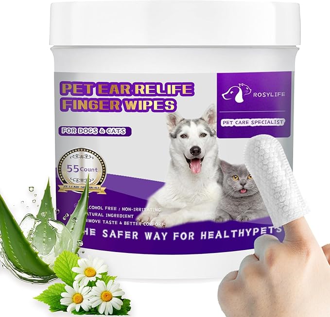 55 Count PET Ear Cleaning Finger Wipes for Dogs & Cats,Ear Cleaner Finger Wipes,Removes Dirt & Odor,Easy to Use, Natural Ingredients (Ear Cleaning Wipes)