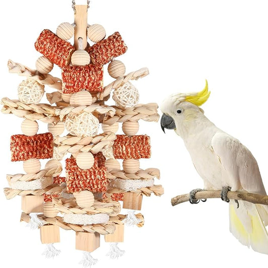 Bird Toys - Natural Corn Cob and Loofah Slices for Large Parrots, Like African Grey, Macaws, Cockatoos and Amazon Parrot - Wooden