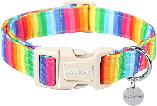 DOGWONG Cotton Rainbow Dog Collar - Durable Soft Natural Fabric, Cute LGBTQ Puppy Necklace for Small Medium Large Dogs