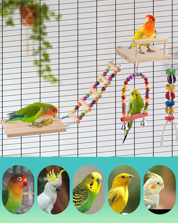 5in1 Bird Parakeet Toys, Detachable Birdie Perches Platform Swing with Climbing Ladder, Parrot Cage Stand Accessories, Wooden Playing Gyms for Conure Cockatiel Lovebird Finch Budgerigar Pigeon