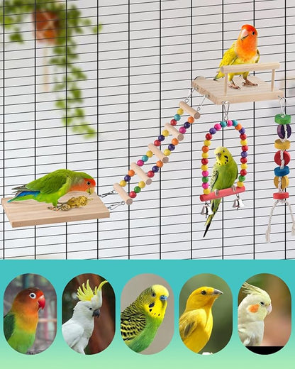 5in1 Bird Parakeet Toys, Detachable Birdie Perches Platform Swing with Climbing Ladder, Parrot Cage Stand Accessories, Wooden Playing Gyms for Conure Cockatiel Lovebird Finch Budgerigar Pigeon