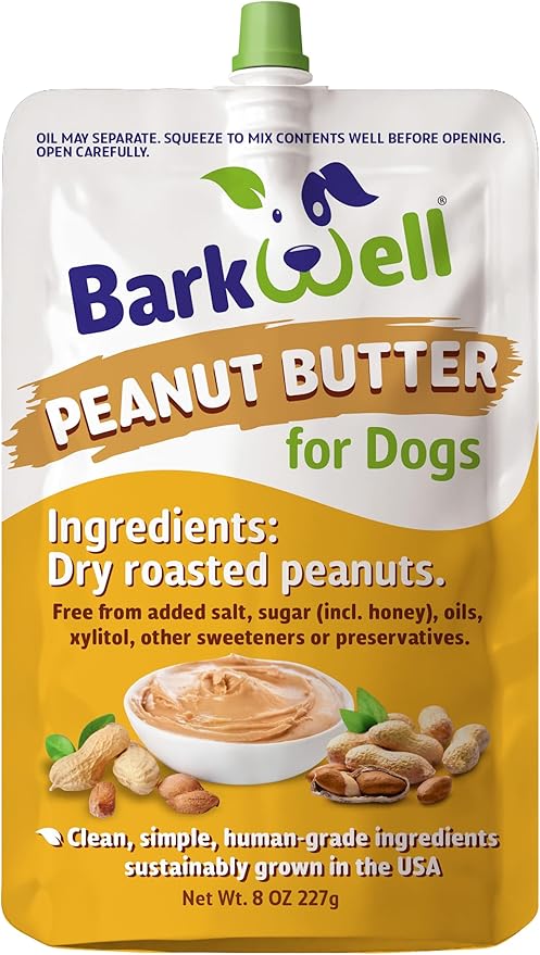 Peanut Butter Squeeze - 8oz Pouch All-Natural Dog Peanut Butter, Sourced and Made in The USA Grain Free Dog Treat 100% Natural, Lick mat Topper, Puzzle Toy Fill