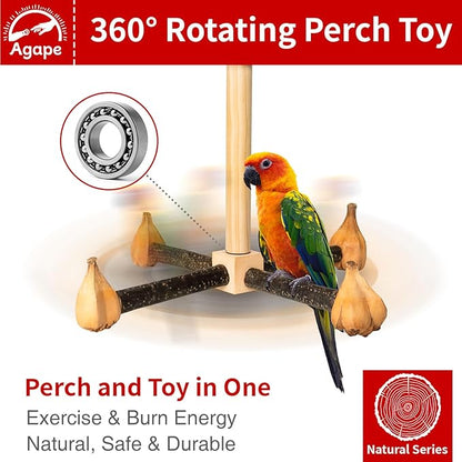 Agape Rotating Parrot Perch Toy with Chew Toy, Natural Wooden Perch Stand for Small & Medium Birds, Bird Cage Accessory with Exercise Wheel for Parakeets Cockatiels Lovebirds Conures Finches Budgies
