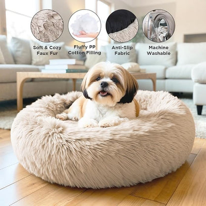 Small Donut Dog Bed, Calming Dog Bed Washable Ideal for Small to Large Dogs and Cats & Round Dog Bed,Anti-Anxiety Multiple Sizes (Beige, Combo X-Small (21" L x 21" W x 7" Th))