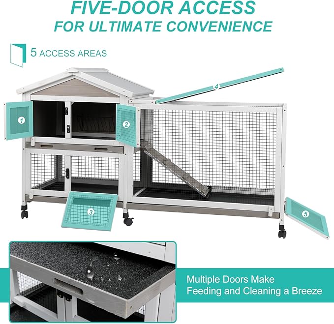 2-Tier Rabbit Hutch with Wheels, Indoor & Outdoor Small Animal Cage with Deep Pull-Out Tray, Anti-Chew Frame, Habitat for Bunny, Guinea Pig, Chinchilla (60" L x 19" W x 35" H)