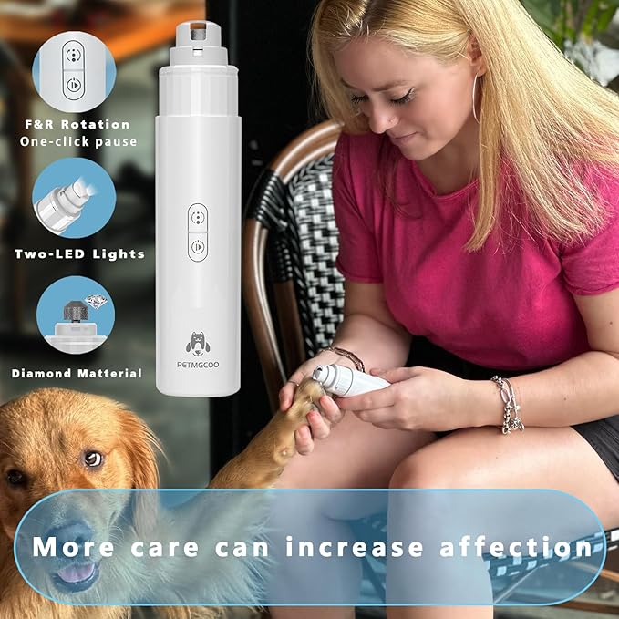 Dog Nail Grinder & Upgrade Professional with 3-Speed Adjustment Super-Quiet and Low-Vibration Pet Nail Trimmers with Forward and Reverse Functions - Safe Pause Button Wireless Type-C Charging (White)