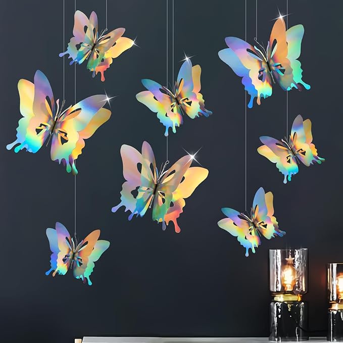 8 Pcs Iridescent Hanging Butterfly Decorations, Butterfly Birthday Decorations, Shiny Foil Look Thick 3D Paper Butterflies for Birthday, Baby Shower, Wedding, Centerpiece or Hanging Decor