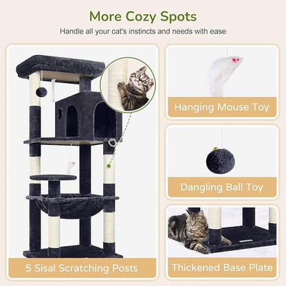 Globlazer Cat Tree Tower with Scratching Post for Indoor Cats, 53inch Tall Plush Multi-Level Cat Climbing Tower Condo House with Large Hammock, Spacious Cat Condo, Big Padded Top Perch, F53, Dark Gray