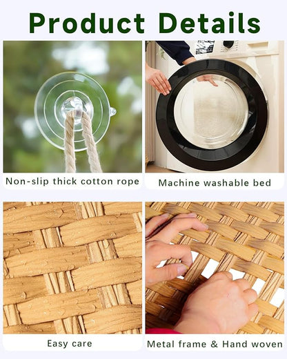 Cat Window Perch Cat Window Hammock Bed for Indoor Cats, Large Handwoven PE Rattan Window Seat, 4 Suction Cups, Double Sided Washable Cushion Bed, 2.3 Inch Fence Shelf, for Pet Kittens Natural