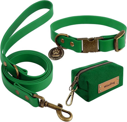 Wisedog Dog Collar and Leash Set, Waterproof Adjustable Puppy Collars with Cute Tag 6FT Dog Leash with Poop Bag for Small Medium Large Dogs (XS, Deep Green)