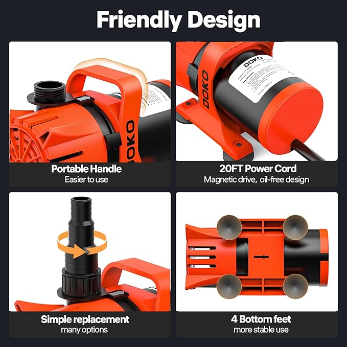 DOKO 3100GPH Submersible Water Pump, 180° Ajustable Pond Pump with 20FT Power Cord 150W Ultra Quiet Aquarium Pump for Pond, Fountain, Waterfall, Fish Tank, Hydroponic, Statuary, Orange Black