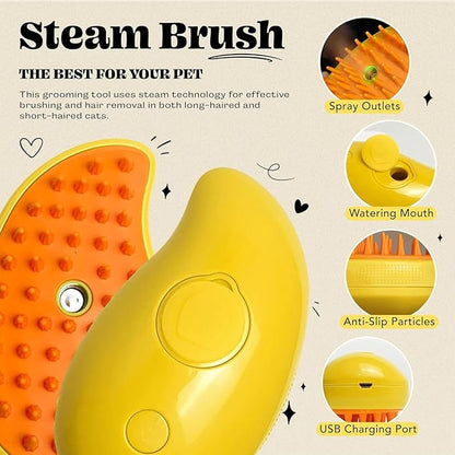 3 In 1 Silicone Pet Brush with Steaming Function - Self-Cleaning Cat Grooming Tool for Massage and Detangling (Yellow by Cat Steamy Brush)