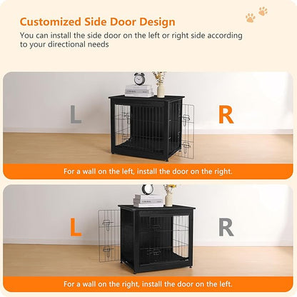 DWANTON Dog Crate Furniture with Cushion, Wooden Kennel Table with Double Doors, Indoor Dog House, Small/Medium/Large Size, 27.2" L, Black