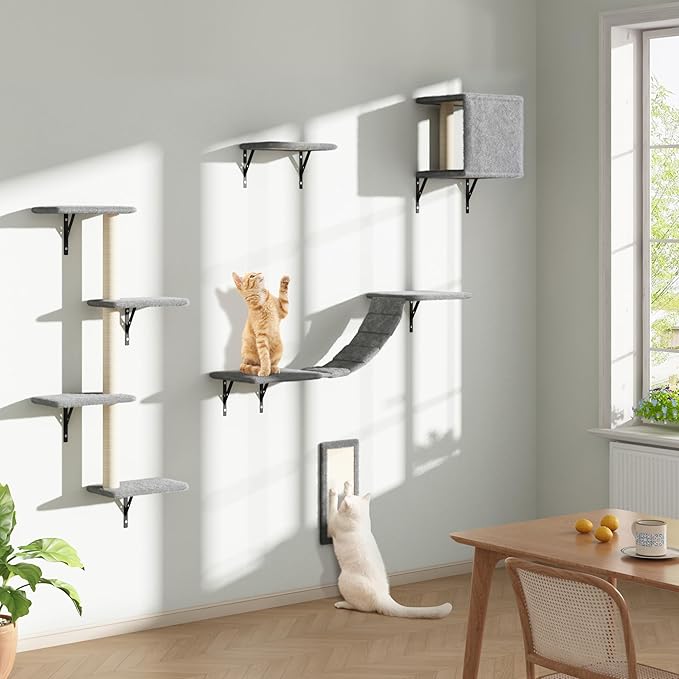 Cat Wall Shelves, Wall Mounted Cat Furniture, Cat Wall Cimber with Perches, Scratchers and Condo, Set of 5 (Grey)