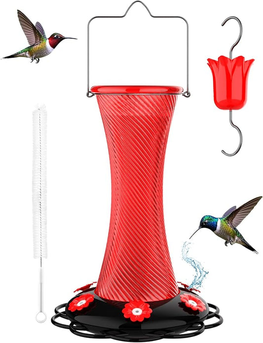 Hanging 20oz Glass Hummingbird Feeder with Moat, Small Outdoor Plastic Bird Feeder, Squirrel Proof, Ants, Outside Water Dispenser for Garden (Red Glass Birdfeeder)