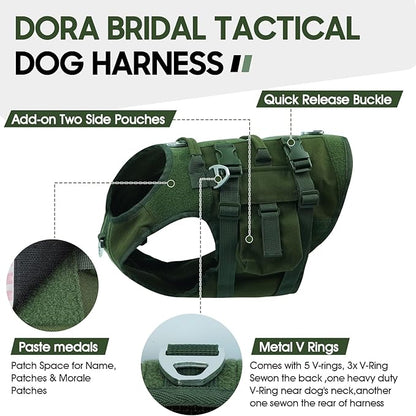 DORA BRIDAL Tactical Dog Harness, Service Dog Molle Vest with Handle, Military Dog Harness with Hook & Loop Panels, Heavy Duty No Pull Adjustable Dog Vest for Training, Walking, Hiking, Green S