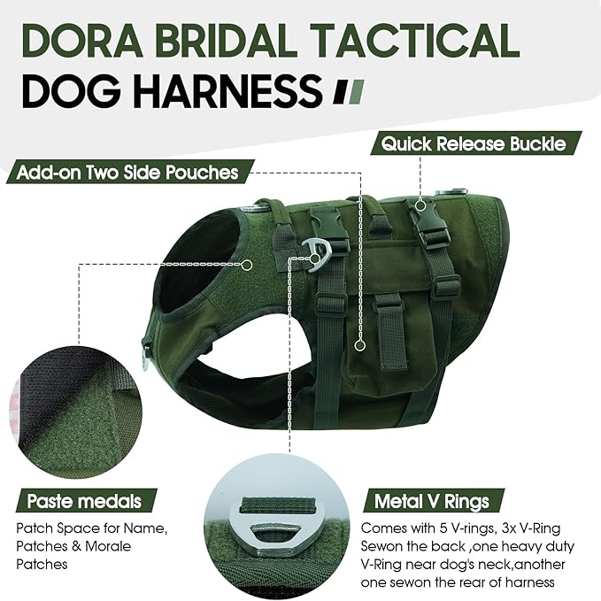 DORA BRIDAL Tactical Dog Harness, Service Dog Molle Vest with Handle, Military Dog Harness with Hook & Loop Panels, Heavy Duty No Pull Adjustable Dog Vest for Training, Walking, Hiking, Green M