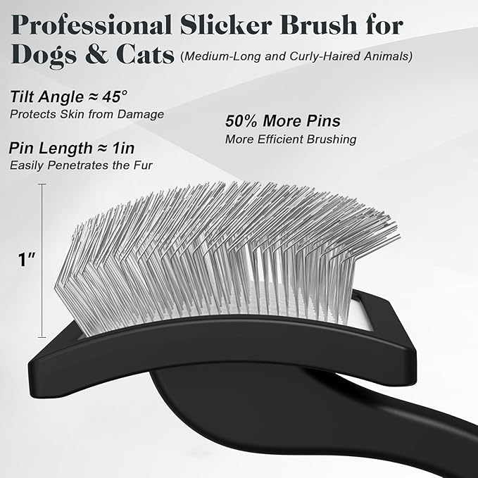 2PCS Slicker Brush for Dogs & Pet Comb,Professional Dog Grooming Brush (Goldendoodles,Poodles,Labradoodles) with Extra Long Pins to Effectively Remove Tangles, Knots and Mats (Black Large)