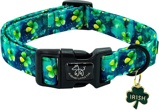 Elegant little tail St Patrick's Day Dog Collar-Green Cute Colver Cotton Shamrock Pet Collar Trefoil Holiday Adjustable Cotton Pet Collar with Quick Release Buckle for Small Medium Large Dogs