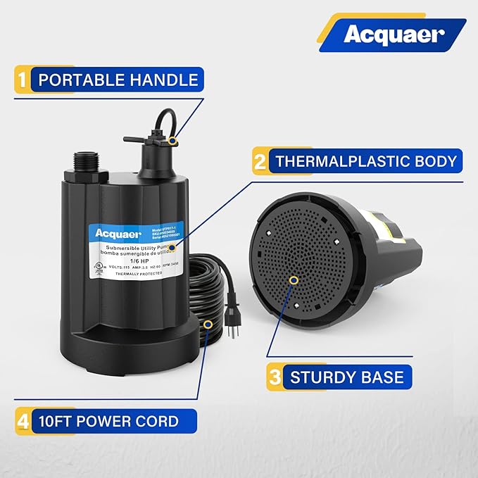 Acquaer Submersible Water Pump 1/6 HP Sump Pump Thermoplastic Utility Pump Small Electric Water Pump 1750GPH Water Remove for Basement Hot Tubs Garden Pool Cover Draining with 10 ft Cord