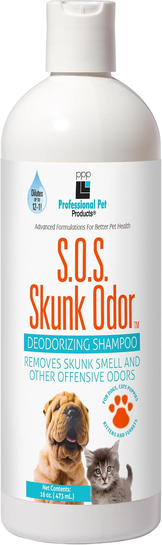 PPP Skunk Odor Shampoo for Dogs & Cats - Eliminates Skunk Odor at The Source with Powerful Deodorizers - 16 fl oz.