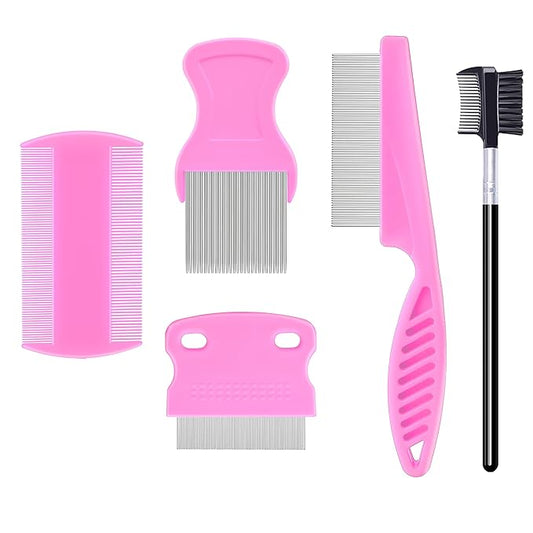 5 Pack Flea Lice Comb,Stainless Steel Dog Cat Grooming Combs With Rounded Teeth,Double-Sided Tear Stain Remover,Dematting Comb For Dogs Cats Ideal For All Types Of Small, Medium, Large Pets (Pink)