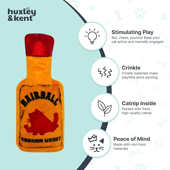 Huxley & Kent Plush Cat Toy - Interactive Catnip Toy for Cats & Kittens - Soft Kitty Toy with Crinkle & Catnip - Fun Indoor Play Toy - Hairball Cinnamon Whiskey