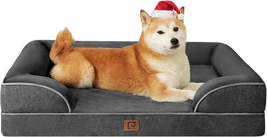 EHEYCIGA Orthopedic Dog Beds for Large Dogs, Waterproof Memory Foam Large Dog Bed with Sides, Non-Slip Bottom and Egg-Crate Foam Large Dog Couch Bed with Washable Removable Cover, Dark Grey