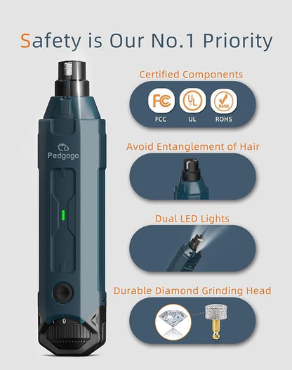 Dog Nail Grinder Super Quiet (45 db) 6-Speed pet nail grinder with 2 LED Lights 12000RPM & Professional 3 Grinding Ports Rechargeable Dog Nail Trimmer for Large Medium Small Dogs with Dust Cap