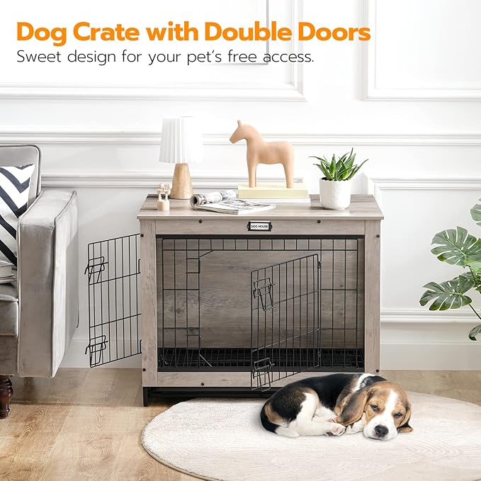 HOOBRO Dog Crate Furniture, 32.5" Medium Dog Kennel Indoor, Wooden Cage with Pull-Out Tray, Double Doors Pet House Side End Table for Medium/Small Dogs, Greige BG802GW03